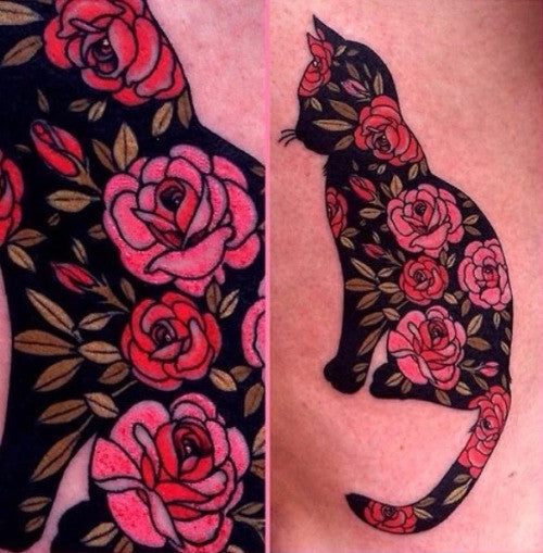 Dark Floral Cat Tattoo